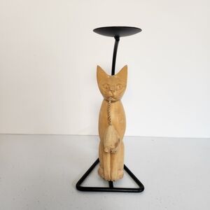 Rustic Wood Carved Wooden Cat Candle Holder Metal Stand Cats Eclectic Decor